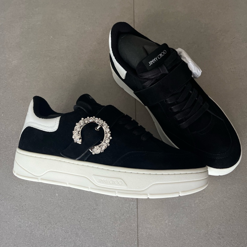 NEW Jimmy Choo Sneaker Lace Up Black White Suede With Crystal Buckle Size 7.5W